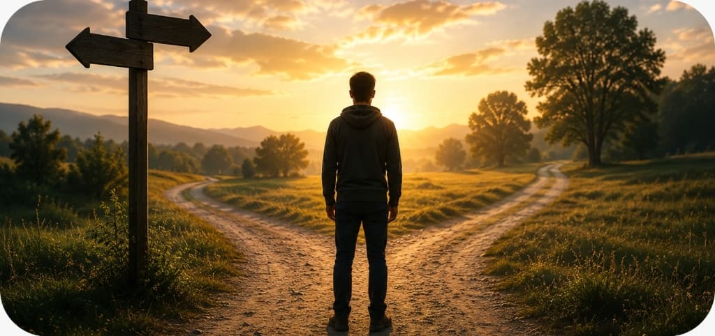 A person standing at a crossroads at sunrise, choosing a direction